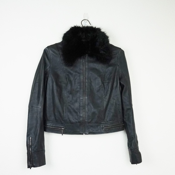 Marciano 100% lamb leather Brionna faux fur collar